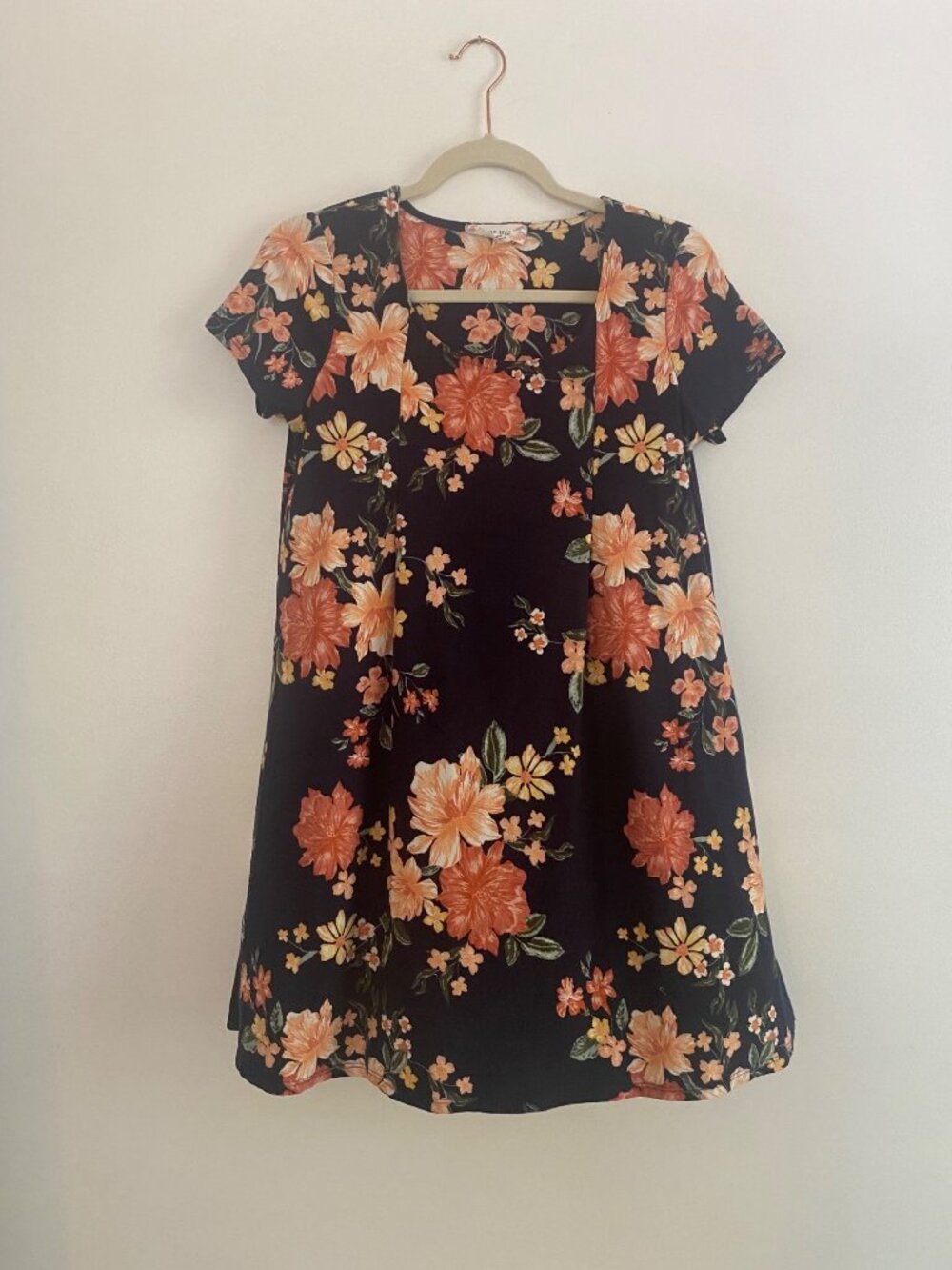 Pink Rose Floral Print Short-Sleeve Swing Dress In Navy & Orange Size L